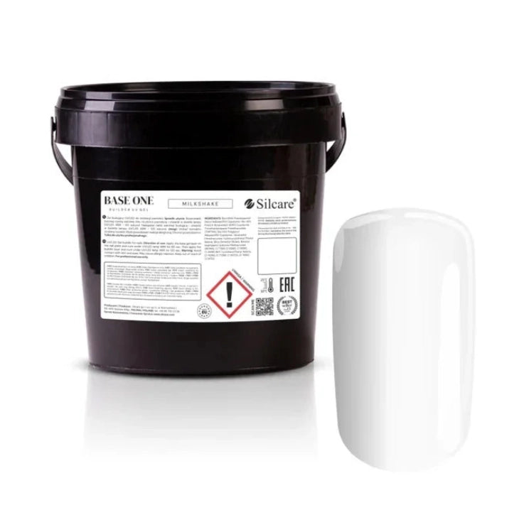 Silcare Base One Builder Gel Milkshake 1kg professional bulk bucket with colour swatch, self-levelling UV LED builder gel in a milky white shade for salon nail extensions, overlays and high-volume professional use in Australia.