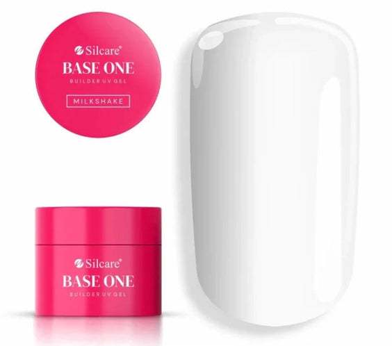 Silcare Base One Builder Gel Milkshake with product jar and colour swatch, professional self-levelling UV LED builder gel in a milky white shade for natural nail overlays, extensions and elegant salon-quality manicures in Australia.