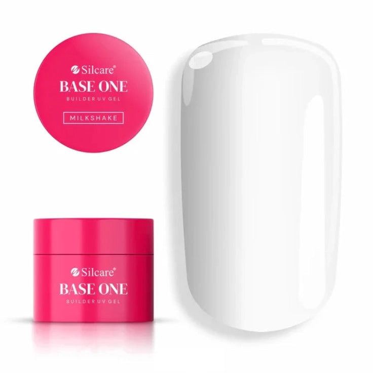 Silcare Base One Builder Gel Milkshake with product jar and colour swatch, professional self-levelling UV LED builder gel in a milky white shade for natural nail overlays, extensions and elegant salon-quality manicures in Australia.
