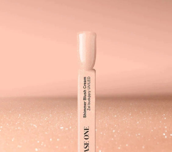 Silcare Base One Builder Gel Shimmer Blush Cream colour swatch showing the true soft blush pink shade with delicate shimmer, professional self-levelling UV LED builder gel for natural nail overlays, elegant extensions and salon-quality manicures in Australia.