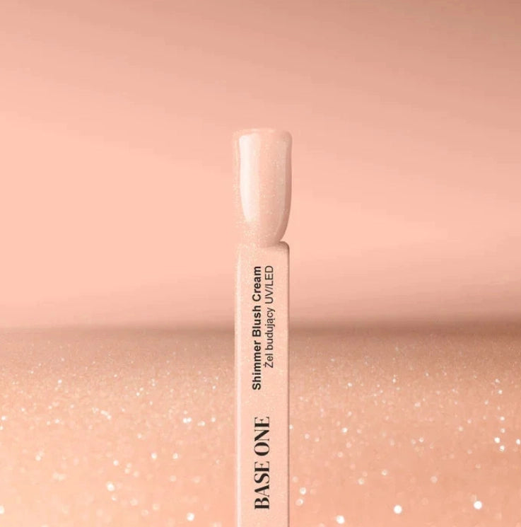 Silcare Base One Builder Gel Shimmer Blush Cream colour swatch showing the true soft blush pink shade with delicate shimmer, professional self-levelling UV LED builder gel for natural nail overlays, elegant extensions and salon-quality manicures in Australia.