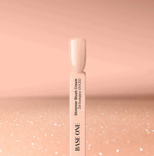 Silcare Base One Builder Gel Shimmer Blush Cream colour swatch showing the true soft blush pink shade with delicate shimmer, professional self-levelling UV LED builder gel for natural nail overlays, elegant extensions and salon-quality manicures in Australia.