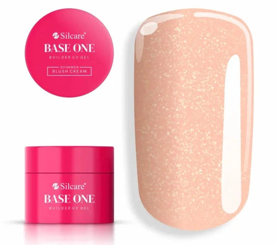 Silcare Base One Builder Gel Shimmer Blush Cream with product jar and colour swatch, professional self-levelling UV LED builder gel in a soft blush pink shade with fine shimmer for natural nail overlays, elegant extensions and salon-quality manicures in Australia.