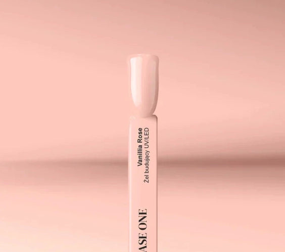 Silcare Base One Builder Gel Vanillia Rose colour swatch on display stick, showing soft warm nude pink shade with glossy smooth finish against a minimal pastel background, highlighting true gel colour and professional salon-quality texture.