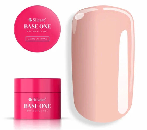 Silcare Base One Builder Gel Vanillia Rose with product jar and colour swatch, showing smooth warm nude pink shade with glossy finish, even coverage, and elegant salon-quality builder gel texture ideal for natural-looking manicures.