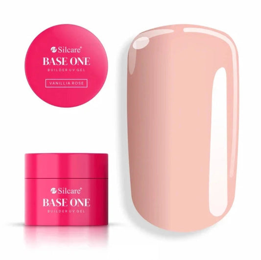 Silcare Base One Builder Gel Vanillia Rose with product jar and colour swatch, showing smooth warm nude pink shade with glossy finish, even coverage, and elegant salon-quality builder gel texture ideal for natural-looking manicures.