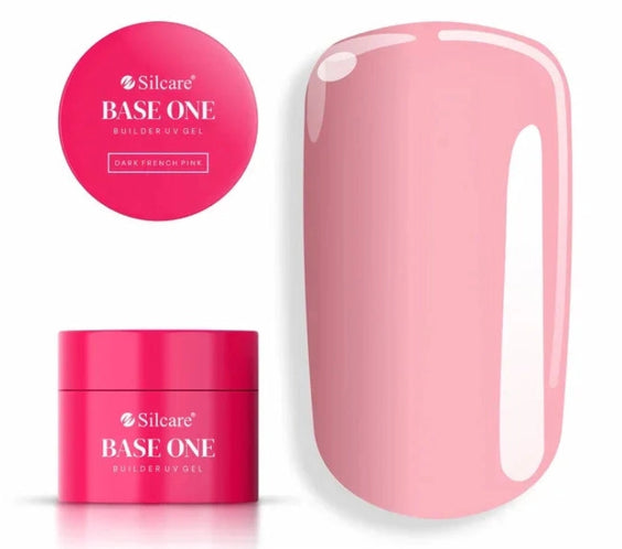 Silcare Base One Builder UV Gel in Dark French Pink displayed in a bright pink cosmetic jar with a matching lid, alongside a nail swatch showing the glossy soft pink finish. The image highlights the smooth, natural-looking colour and professional salon-quality gel texture.