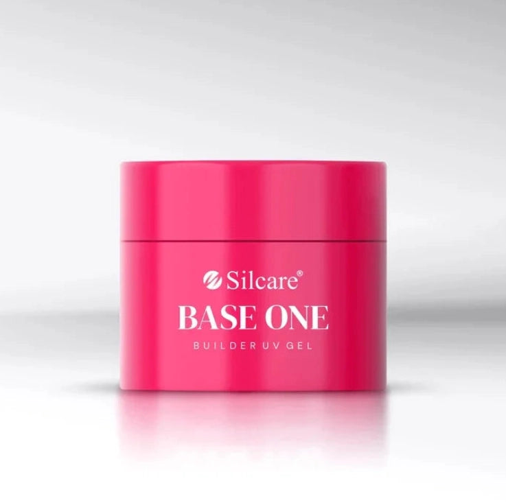 Silcare Base One builder UV gel pink container with branded label, professional self-levelling nail builder gel jar for salon use isolated on light background
