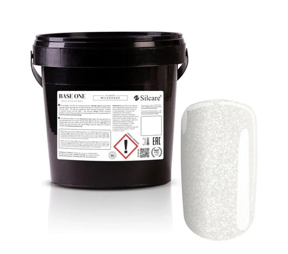 Bulk 1kg bucket of Silcare Base One Builder UV Gel in Shimmer Milkshake with a sample nail swatch showing the sparkly milky white finish.