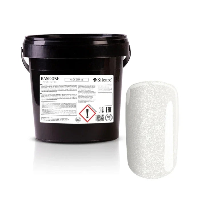 Bulk 1kg bucket of Silcare Base One Builder UV Gel in Shimmer Milkshake with a sample nail swatch showing the sparkly milky white finish.