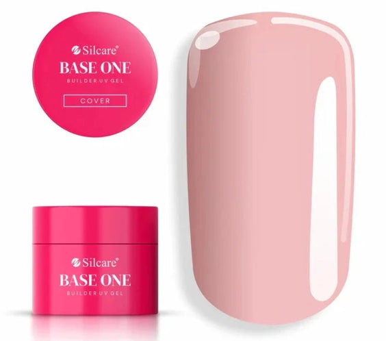 Silcare Base One Cover builder UV gel in pink jar with lid label and nude beige nail swatch showing smooth glossy coverage and natural tone finish