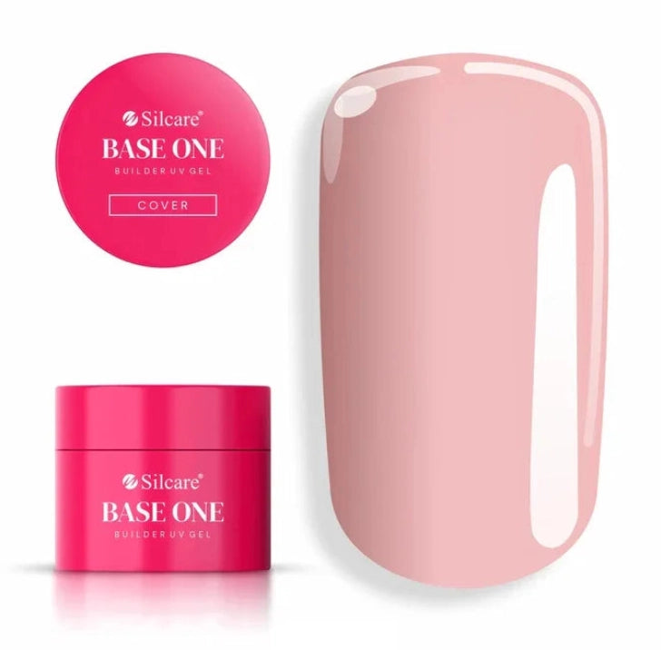 Silcare Base One Cover builder UV gel in pink jar with lid label and nude beige nail swatch showing smooth glossy coverage and natural tone finish
