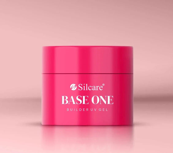 Silcare Base One Cover builder UV gel in bright pink jar with logo on front, professional nail builder gel container on soft pink background
