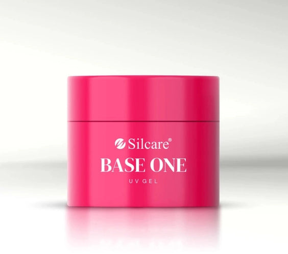 Silcare Base One French White Marble Builder UV Gel in signature pink jar, professional self-levelling builder gel for nail extensions and overlays, UV/LED curing, salon quality, available in Australia.
