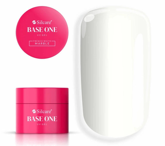 Silcare Base One French White Marble Builder UV Gel in a bright pink jar with the product lid displayed above and a glossy milky white nail swatch beside it. The image showcases the elegant white builder gel shade ideal for French manicures, nail extensions, baby boomer nails, overlays, and professional salon nail enhancements.