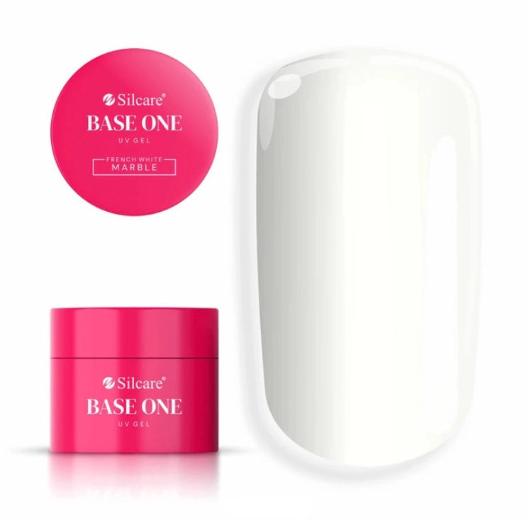Silcare Base One French White Marble Builder UV Gel in a bright pink jar with the product lid displayed above and a glossy milky white nail swatch beside it. The image showcases the elegant white builder gel shade ideal for French manicures, nail extensions, baby boomer nails, overlays, and professional salon nail enhancements.