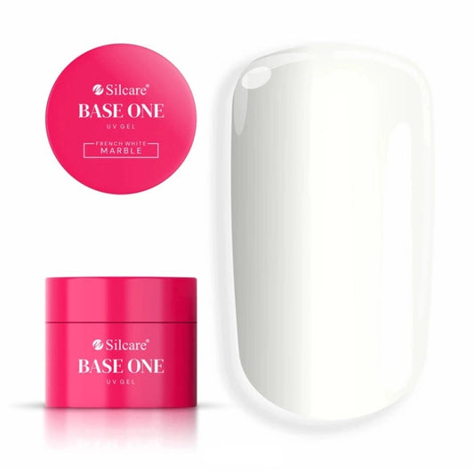 Silcare Base One French White Marble Builder UV Gel in a bright pink jar with the product lid displayed above and a glossy milky white nail swatch beside it. The image showcases the elegant white builder gel shade ideal for French manicures, nail extensions, baby boomer nails, overlays, and professional salon nail enhancements.