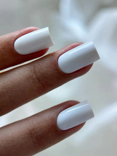 Silcare Base One HEMA Free Builder Gel French White Opal on short square nails, showcasing a natural milky white finish with a glossy salon-quality manicure, cured with UV LED for professional and home use in Australia.