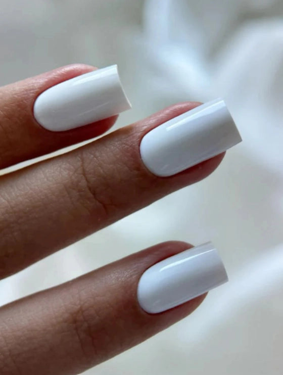 Silcare Base One HEMA Free Builder Gel French White Opal on short square nails, showcasing a natural milky white finish with a glossy salon-quality manicure, cured with UV LED for professional and home use in Australia.