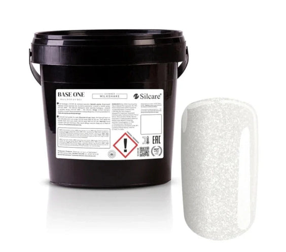Silcare Base One Shimmer Milkshake 1kg Builder UV Gel bucket with matching milky white shimmer colour swatch, professional self-levelling builder gel featuring fine reflective sparkle for strong, durable and elegant salon-quality nail enhancements – Silcare Australia.