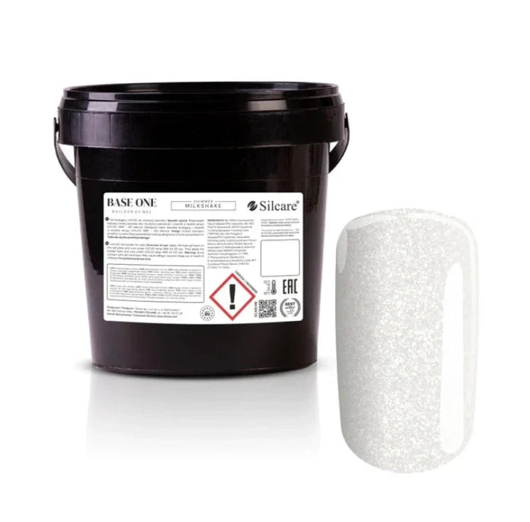Silcare Base One Shimmer Milkshake 1kg Builder UV Gel bucket with matching milky white shimmer colour swatch, professional self-levelling builder gel featuring fine reflective sparkle for strong, durable and elegant salon-quality nail enhancements – Silcare Australia.