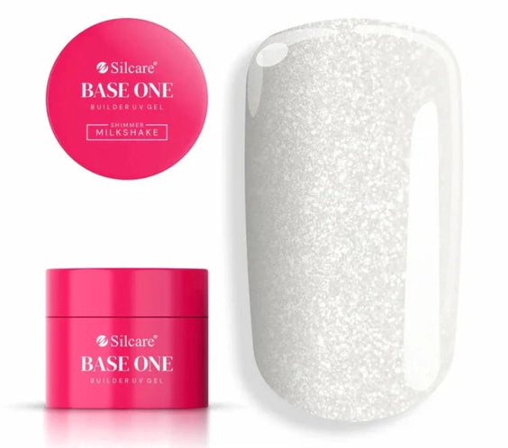 Silcare Base One Shimmer Milkshake builder gel with product jar and colour swatch, showcasing a milky white shimmer finish with fine reflective sparkle, self-levelling UV/LED builder gel for elegant natural-looking nails – Silcare Australia.