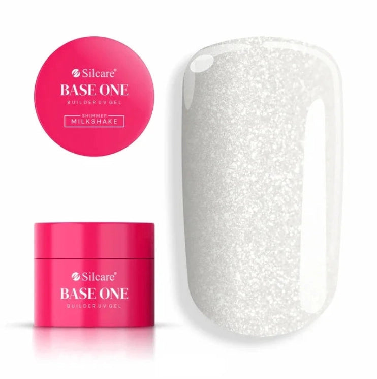 Silcare Base One Shimmer Milkshake builder gel with product jar and colour swatch, showcasing a milky white shimmer finish with fine reflective sparkle, self-levelling UV/LED builder gel for elegant natural-looking nails – Silcare Australia.