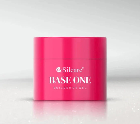 Front view of Silcare Base One Shimmer Milkshake Builder UV Gel jar, professional self-levelling builder gel with a milky white shimmer finish for strong, durable and natural-looking salon-quality nails – Silcare Australia.
