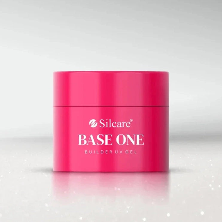 Front view of Silcare Base One Shimmer Milkshake Builder UV Gel jar, professional self-levelling builder gel with a milky white shimmer finish for strong, durable and natural-looking salon-quality nails – Silcare Australia.