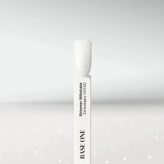Silcare Base One Shimmer Milkshake builder gel colour swatch stick displaying a milky white shimmer shade with ultra-fine reflective sparkle, showcasing the self-levelling UV/LED builder gel finish for elegant natural-looking nails – Silcare Australia.