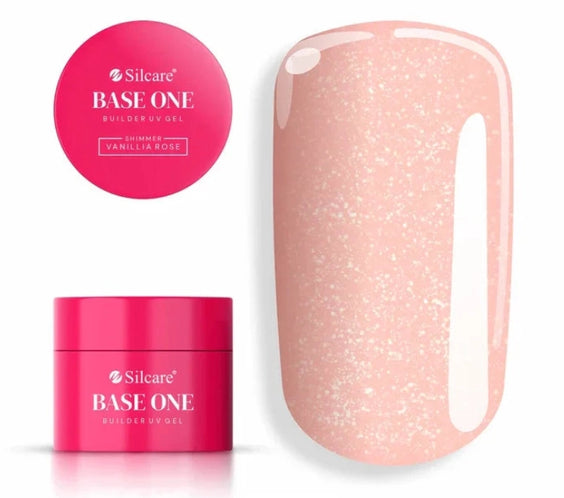 Silcare Base One Shimmer Vanillia Rose builder gel with product jar and colour swatch, showcasing a soft milky blush pink shimmer finish with fine reflective sparkle, self-levelling UV/LED builder gel for elegant natural-looking salon-quality nails – Silcare Australia.