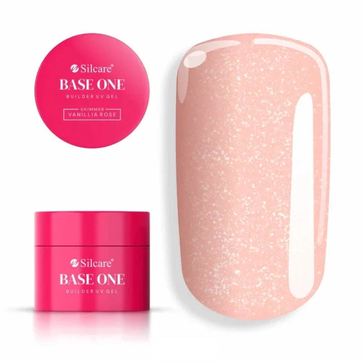 Silcare Base One Shimmer Vanillia Rose builder gel with product jar and colour swatch, showcasing a soft milky blush pink shimmer finish with fine reflective sparkle, self-levelling UV/LED builder gel for elegant natural-looking salon-quality nails – Silcare Australia.
