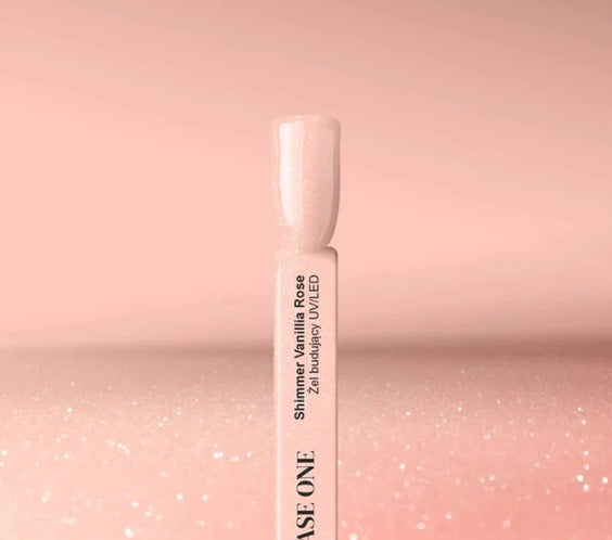 Silcare Base One Shimmer Vanillia Rose builder gel colour swatch stick displaying a soft milky blush pink shimmer shade with ultra-fine reflective sparkle, showcasing the self-levelling UV/LED builder gel finish for elegant natural-looking salon-quality nails – Silcare Australia.