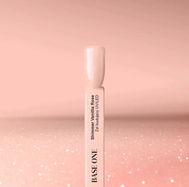 Silcare Base One Shimmer Vanillia Rose builder gel colour swatch stick displaying a soft milky blush pink shimmer shade with ultra-fine reflective sparkle, showcasing the self-levelling UV/LED builder gel finish for elegant natural-looking salon-quality nails – Silcare Australia.