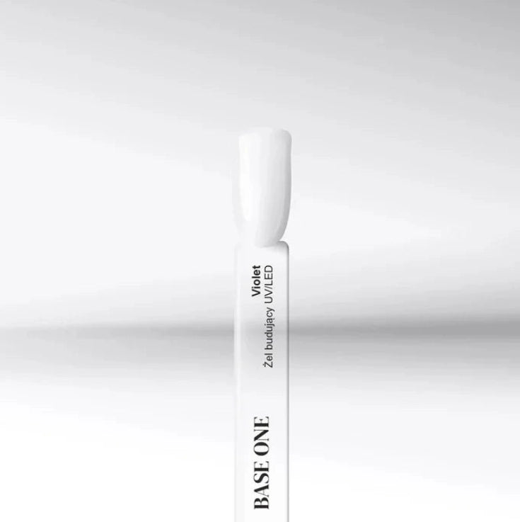 Silcare Base One Violet builder UV LED gel sample stick with clear glossy nail swatch showing transparent finish on white display tip with product label