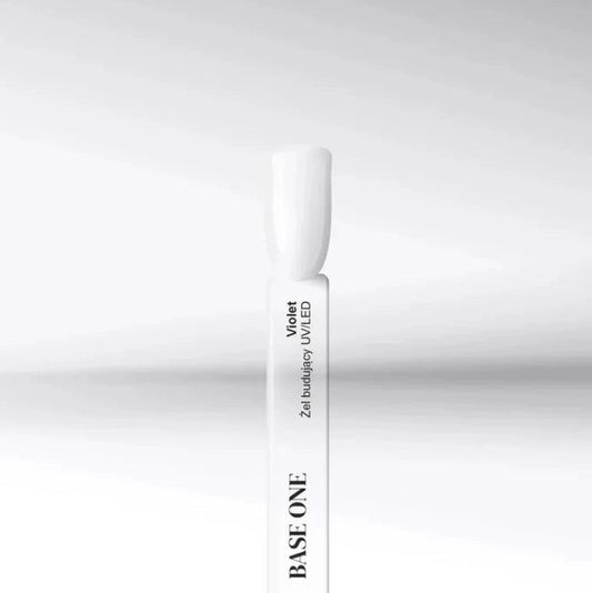 Silcare Base One Violet builder UV LED gel sample stick with clear glossy nail swatch showing transparent finish on white display tip with product label