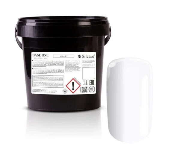 Silcare Base One Violet builder gel bulk container black bucket with label and transparent nail tip swatch, professional self-levelling UV LED builder gel for salon use