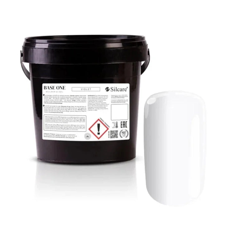 Silcare Base One Violet builder gel bulk container black bucket with label and transparent nail tip swatch, professional self-levelling UV LED builder gel for salon use