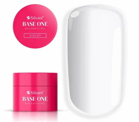 Silcare Base One Violet builder UV gel pink container with lid label and transparent nail tip swatch demonstrating clear self-levelling gel finish