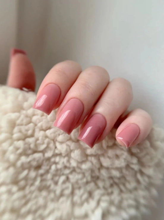 Close-up of square-shaped nails finished with Silcare Brush One Nothing Special BIAB Builder Gel in a soft natural nude pink shade. Glossy elegant manicure with a smooth self-levelling finish, ideal for natural nail strengthening, overlays, everyday wear and long-lasting professional salon-quality results.