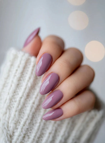 Elegant almond-shaped nails finished with Silcare Brush One Urban Storm BIAB Builder Gel in a muted lilac-grey mauve shade. Glossy self-levelling finish with a sophisticated cool-toned nude colour, ideal for natural nail strengthening, overlays and modern everyday manicures.