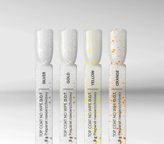 Four Silcare D.O.T no wipe gel top coat bottles in silver, gold, yellow and orange with glitter particles, showing brush caps and glossy UV LED nail finish on a clean background