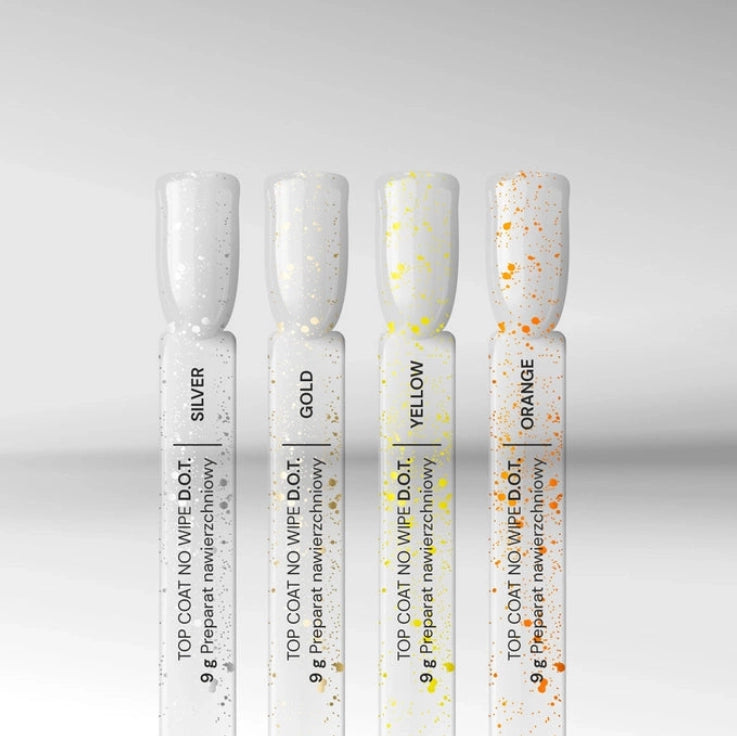 Four Silcare D.O.T no wipe gel top coat bottles in silver, gold, yellow and orange with glitter particles, showing brush caps and glossy UV LED nail finish on a clean background