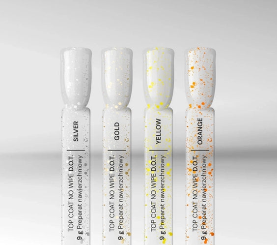 Silcare D.O.T. no wipe top coat collection with silver gold yellow and orange particles on nail swatches glossy gel nail finishes
