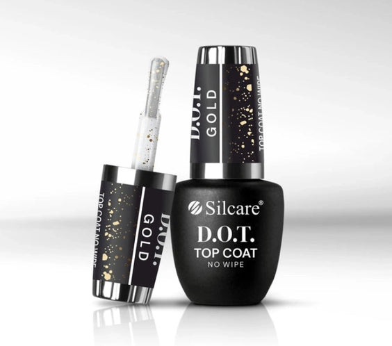 Silcare D.O.T. gold no wipe top coat gel polish bottle with brush applicator, glossy nail finish with gold particles