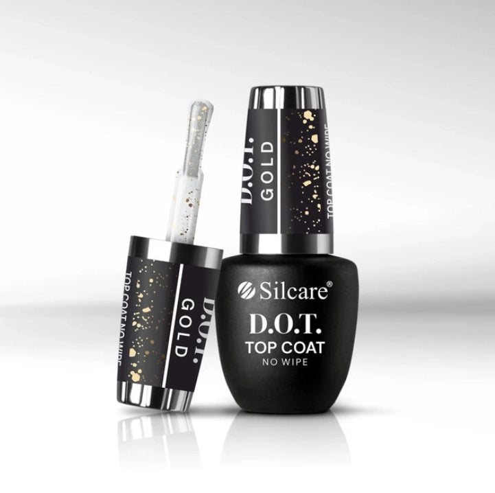 Silcare D.O.T. gold no wipe top coat gel polish bottle with brush applicator, glossy nail finish with gold particles
