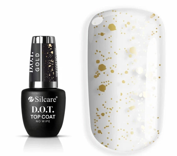 Silcare D.O.T. no wipe top coat with gold particles on clear nail swatch, glossy gel nail finish with gold flakes