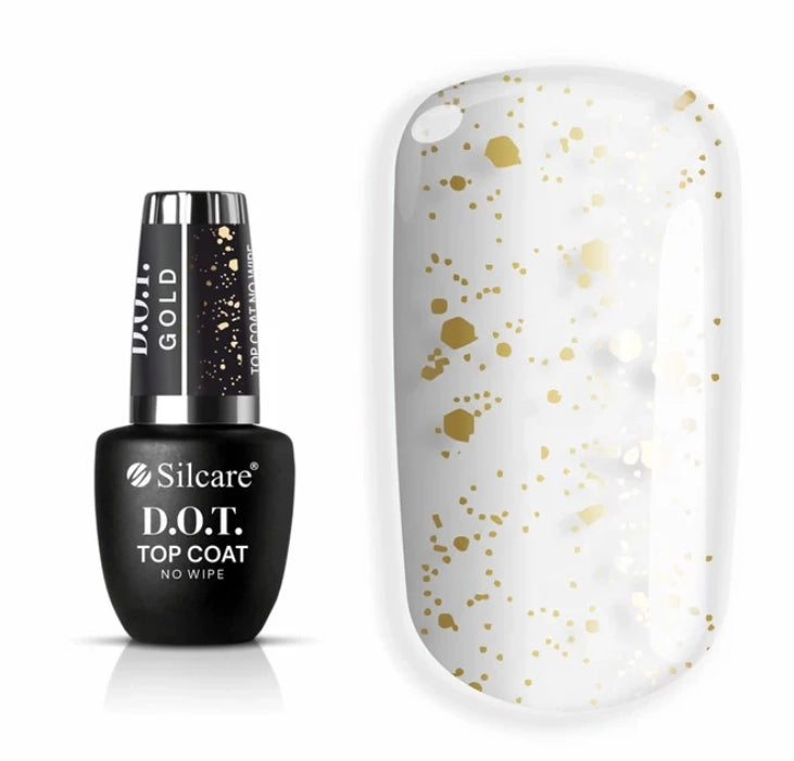 Silcare D.O.T. no wipe top coat with gold particles on clear nail swatch, glossy gel nail finish with gold flakes