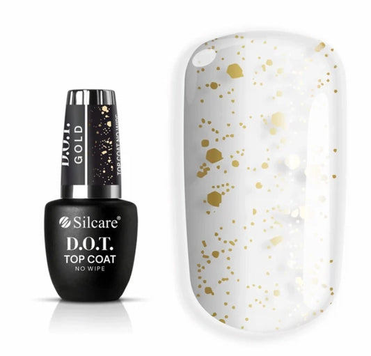 Silcare D.O.T. no wipe top coat with gold particles on clear nail swatch, glossy gel nail finish with gold flakes