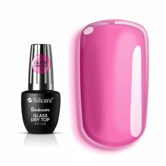 Silcare Glass Dry Top Barbiecore semi-transparent pink gel top coat bottle with pink glass effect nail sample on white background